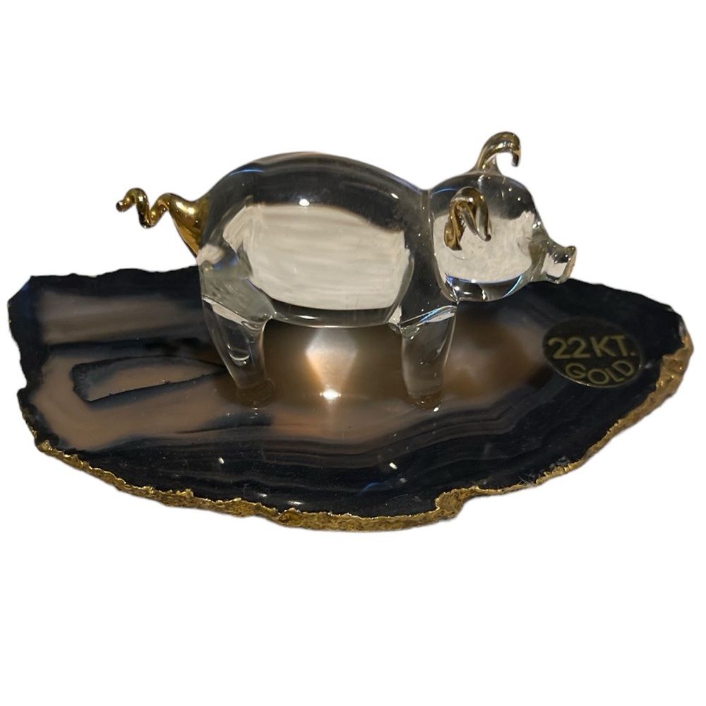Glass Baron: Blown Glass Pig Figurine w/24k Gold Accents Set On Polished Stone